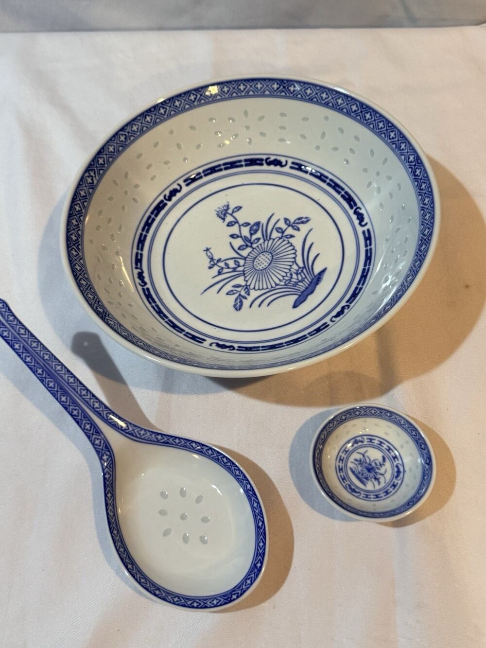 Vintage Chinese Rice Grain Porcelain Blue Serving Set Bowl Spoon & Small Dish